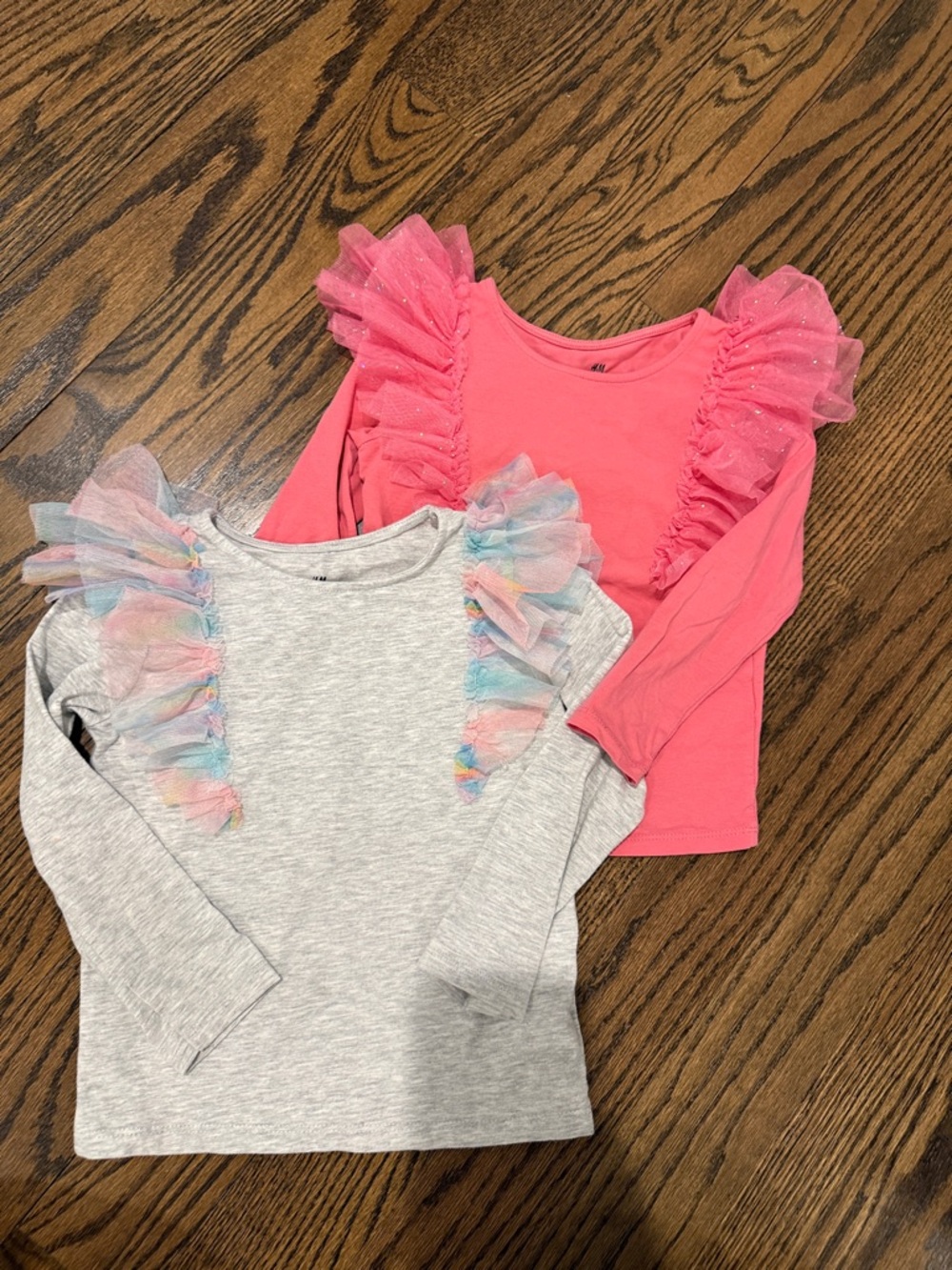 H&M Pink and Light Gray Long Sleeve Tops with Ruffle Tulle Shoulders